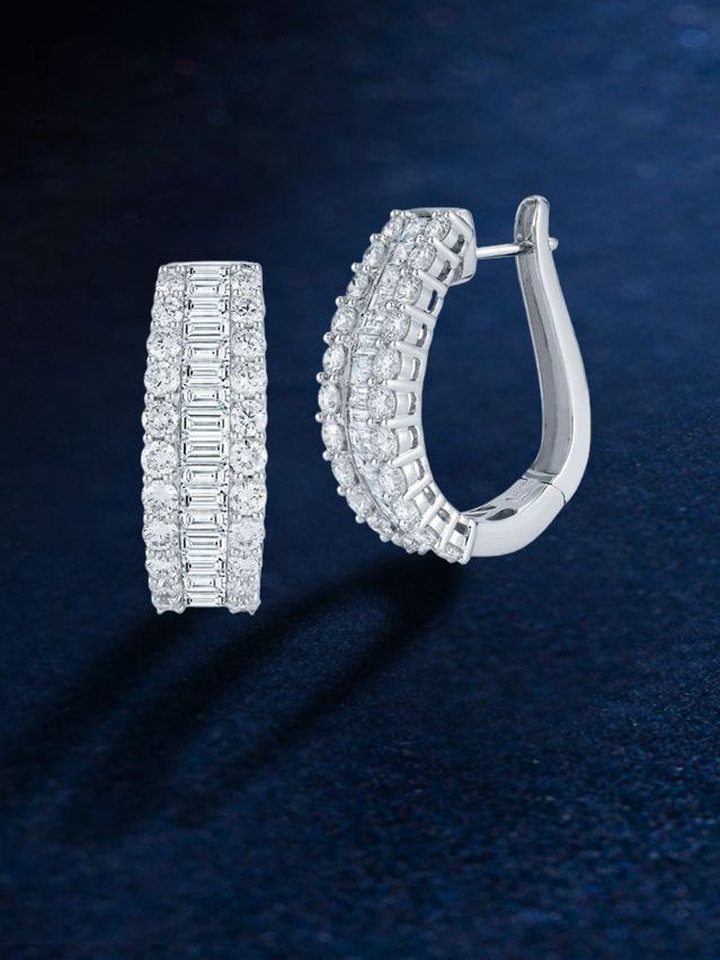 Baguette and round diamond hoops